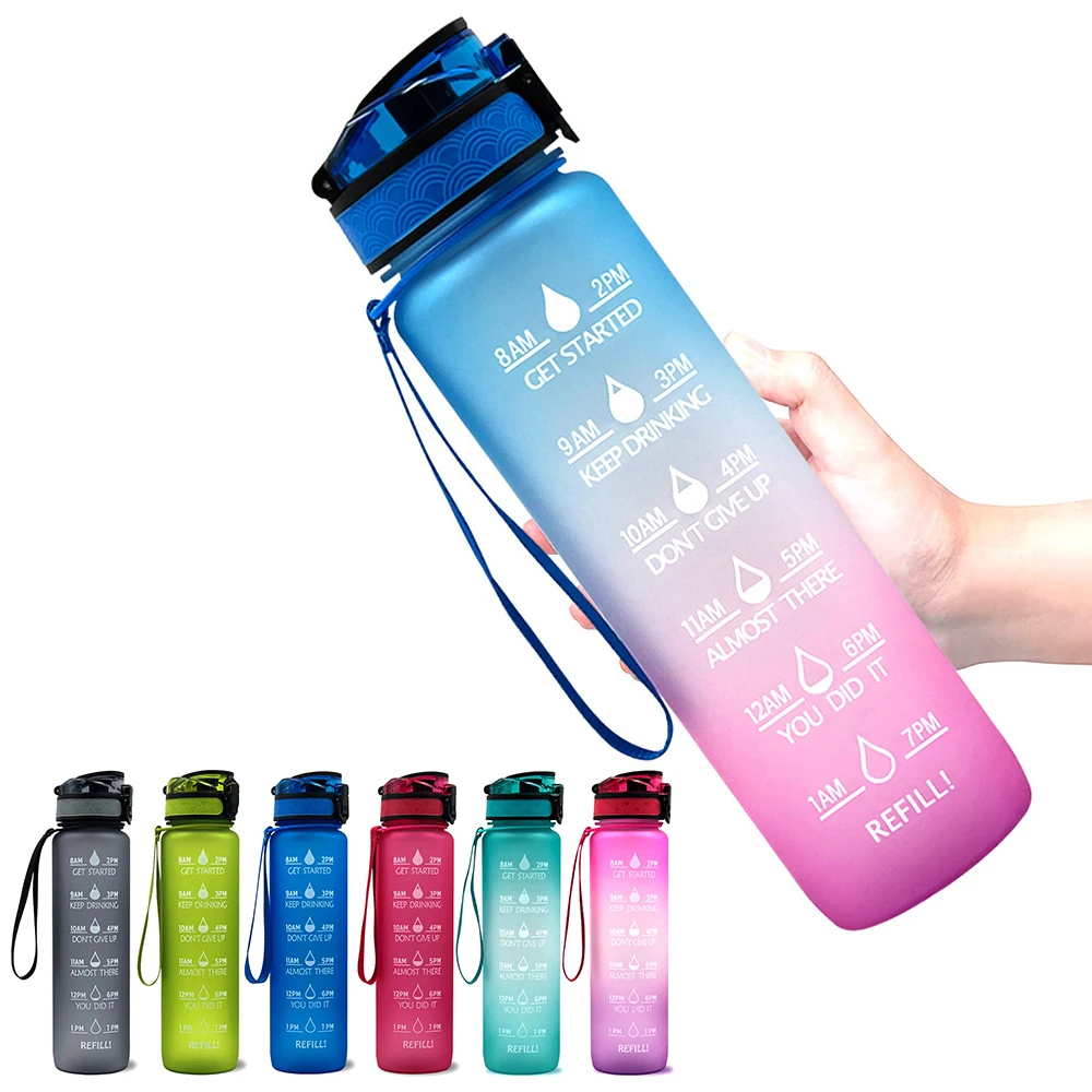 

1L Sports Water Bottle with Time Marker BPA Free & Leak proof Portable Reusable Drinking Kettle Fitness Sport Water Jug
