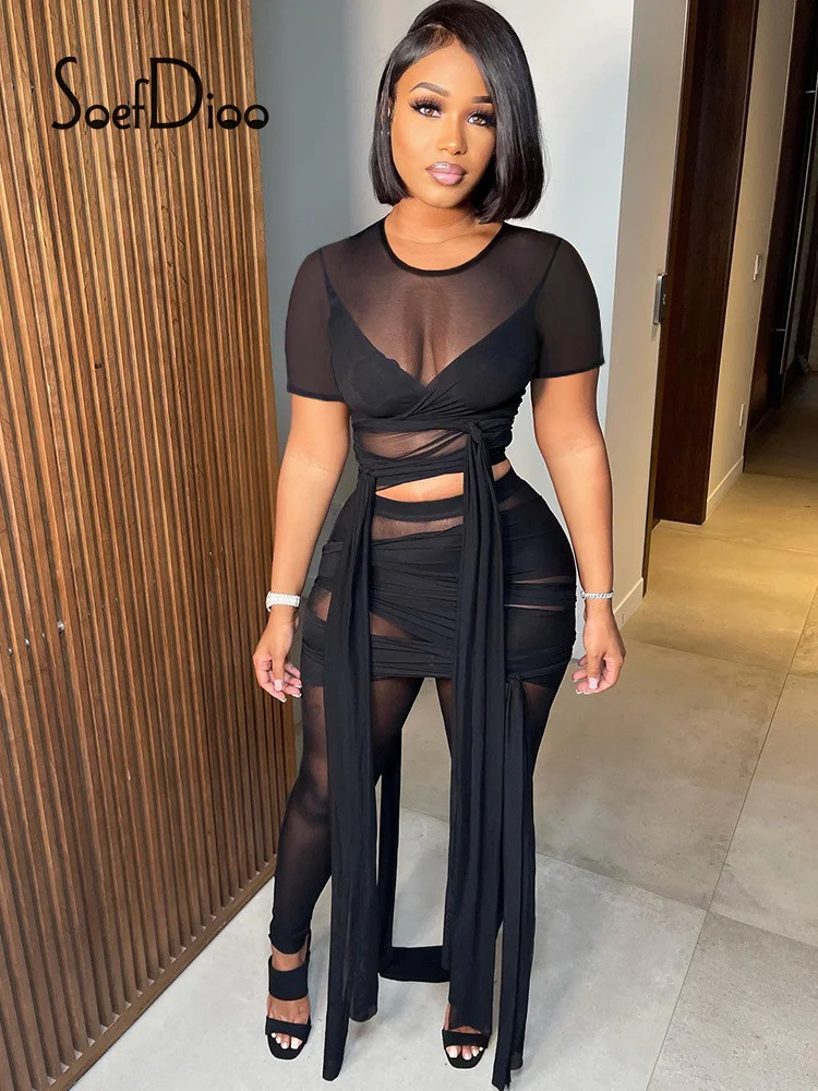 

Soefdioo Sheer Mesh Women Pants Suits Tassel Bandage Short Sleeve T-shirt and Pencil Pants 2 Piece Set 2022 Sexy Party Clubwear