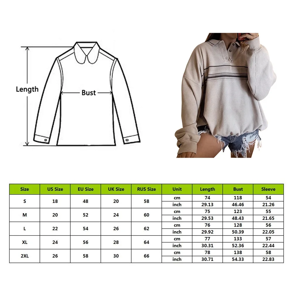 

Muyogrt Women Button Hoodie Sweatshirt Autumn Down Collar Long Sleeve Striped Sweatshirt Female Casual Loose Pullovers Tops