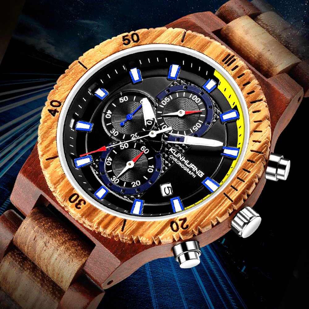 

Часы мужские из натурального дерева, роскошные многофункциональные военные кварцевые наручные часы с хронографом в деревянном корпусе, ин...