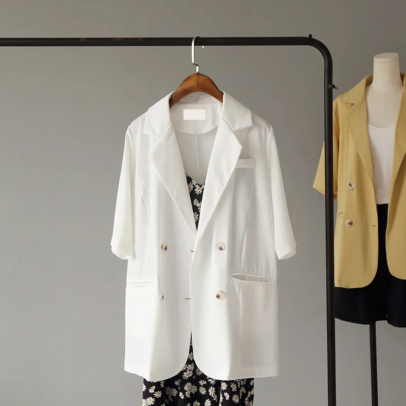 

Women Blazers Coat Jacket Suit Loose Short Sleeve Summer Female New Linen Solid White Burgundy Black Yellow Khaki Double Breast