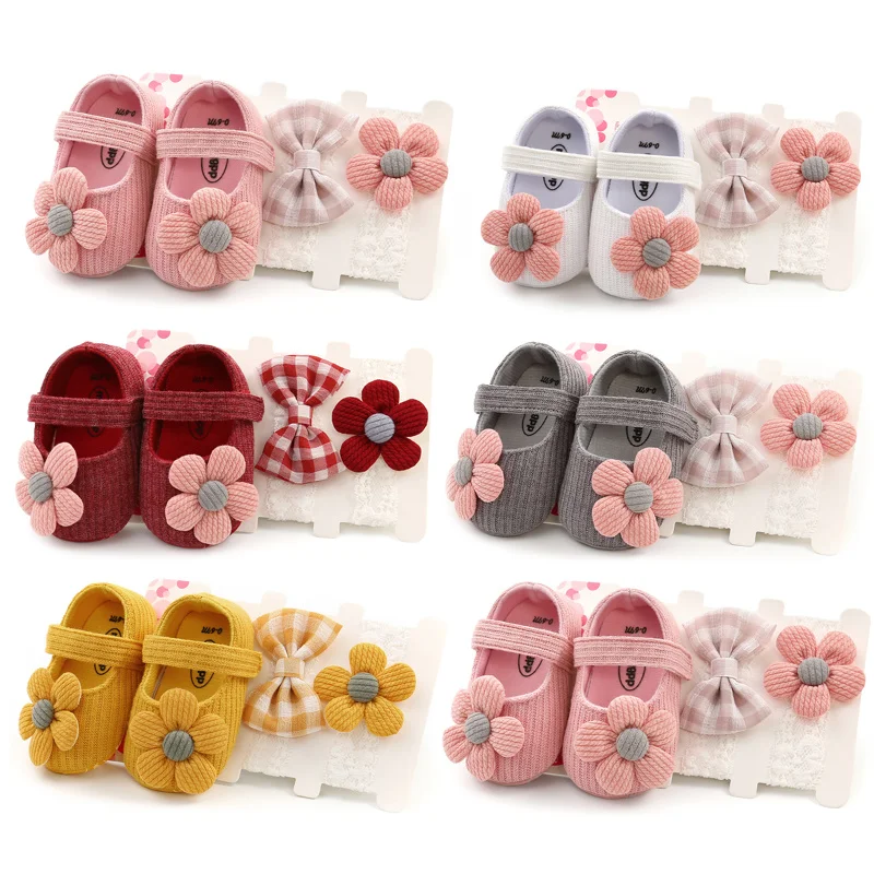 

FOCUSNORM-zapatos de cuna para bebés recién nacidos, gancho con forma de flor de algodón, corcho suave, 6 colores + diadema