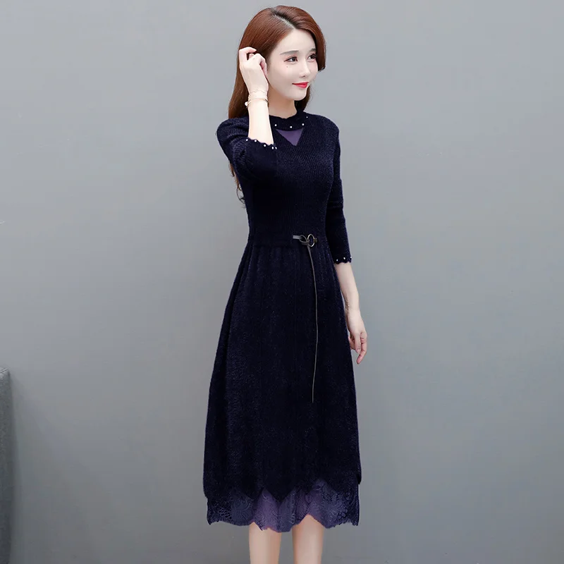 

Эластичное женское трикотажное облегающее платье-карандаш, Осенние однотонные платья, облегающее зимнее женское шикарное платье в Корейск...