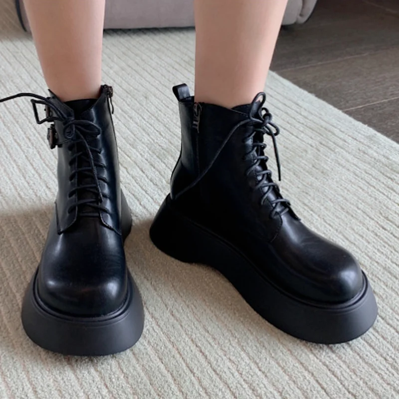 

HOKSZVY 2021 Autumn and Winter Round-toe Platform Boots Thick-soled Slope with Lace-up High-heeled Short Women's Ankle Boots JXQ