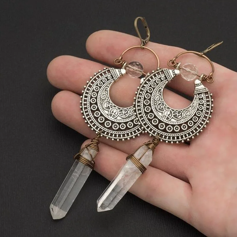 

Серьги из прозрачного кварца с камнями, серебряные кружевные серьги с лечебными кристаллами, бронзовые геометрические длинные серьги из не...