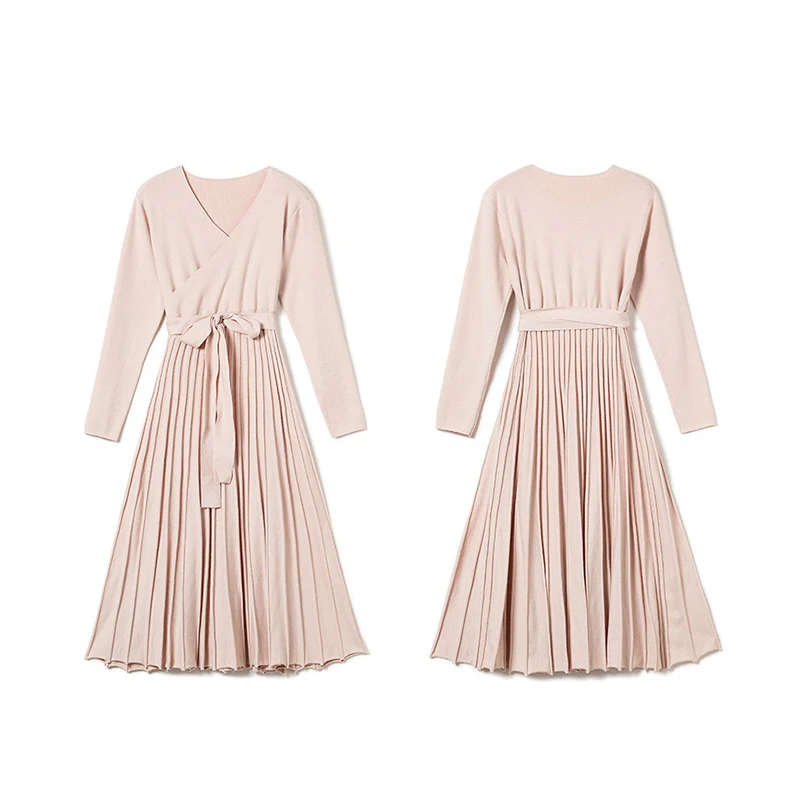 

Autumn Winter Female Decoration High Waist Slim Pleated Skirt Elegant Dress Solid Color Women Vintage Dresses Vestido De Mujer