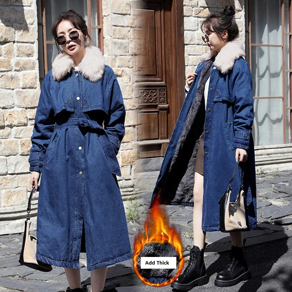 

New Autumn Winter Women Coats Casual Solid Thick Warm Single Button Sashes Collect Waist Slim Jeans For Females Denim Outerwear