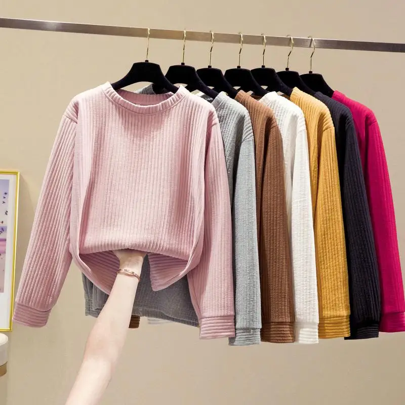 

Autumn Winter Clothes Solid Color Fashion Stripe Harajuku Hoody Women Pullover Long Sleeve Loose Fleece Sweatshirt Female Tops