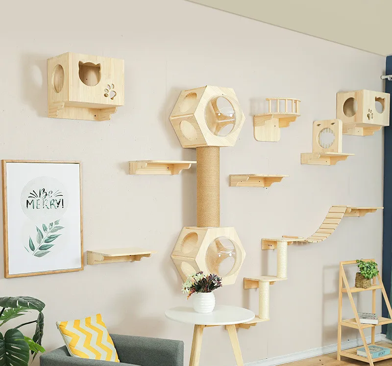 Solid Wood Wall-mounted Cat Litter Cat Tree Integrated Platform Springboard Climbing Ladder