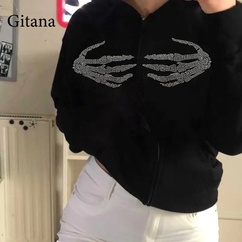 

Gitana Diamond Zip Up Hoodies Women Long Sleeve Autumn Oversized Hoodie Sweatshirts Korean Fashion Harajuku Streetwear