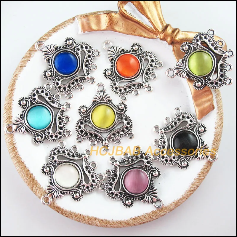 8 новых подвесок в форме сердца, тибетский серебряный тон, Фотоэлементы кошачий глаз, соединители 26x31 мм