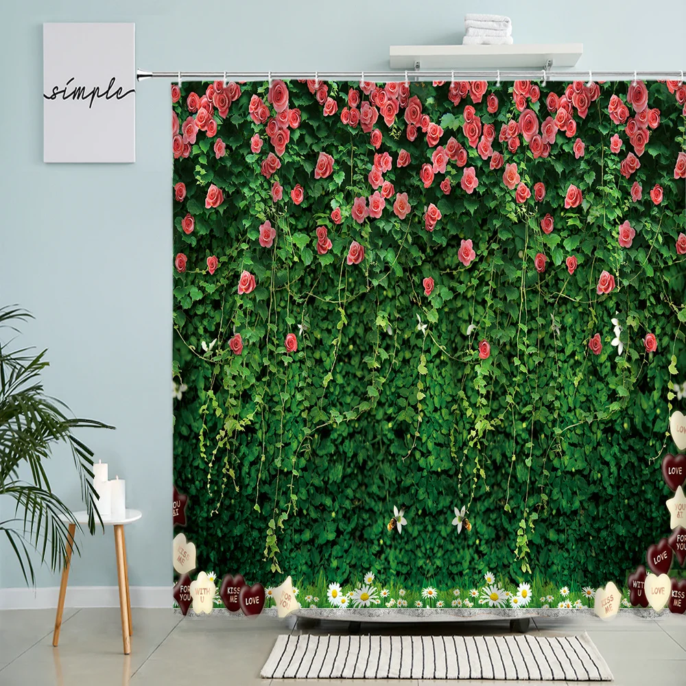 

Flowers Wall Scenery Shower Curtain Green Plants Tengman Garden Street Spring Scene Bathroom Decor With Hook Waterproof Screen