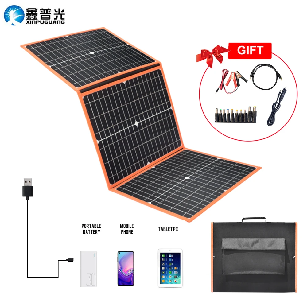 

60W Solar Panel Foldable Solar Charger Kit Dual USB+DC Output Interface Folding Solar Panels For Camping Phone Battery Charging