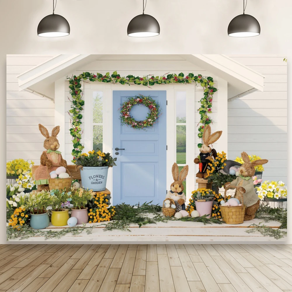 

Виниловый фон для детской фотосъемки с изображением деревянной двери зайчика растений