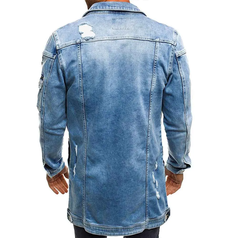 E-BAIHUI 2020 Fashion Mens Long Denim Jackets Coats Ripped Distressed Slim fit Jeans Casual Jean Jacket Coat for Male | Мужская одежда
