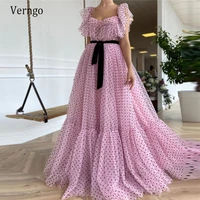 verngo 2021 elegant black dotted tulle a line prom dresses pink sweetheart short sleeves velvet sash floor length evening gowns