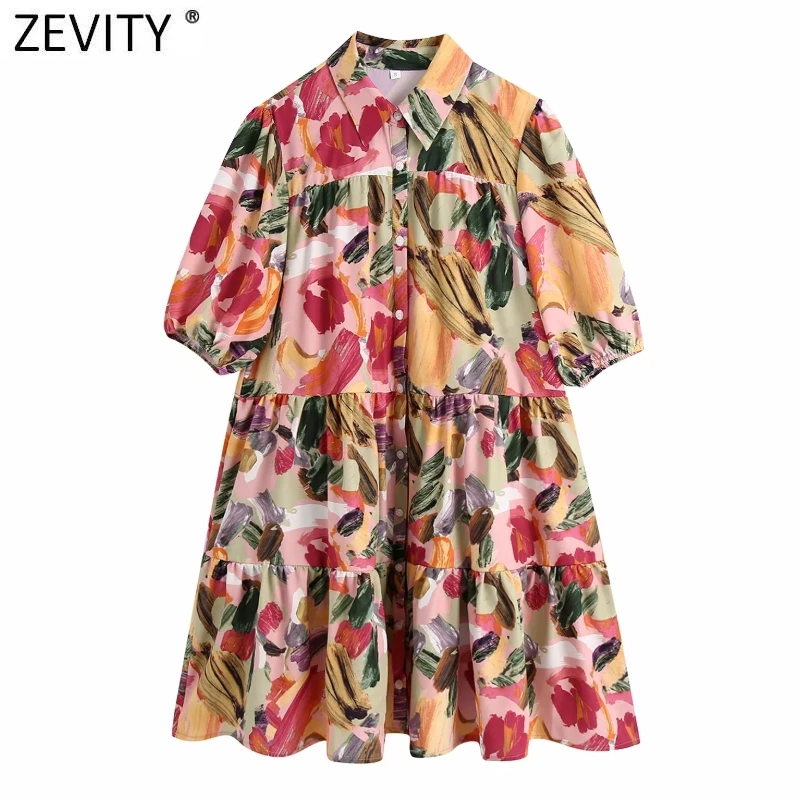 

Zevity Women Vintage Ink Painting Graffiti Print Pleats Shirt Dress Female Chic Retro Puff Sleeve Casual Ruffles Vestidos DS8343