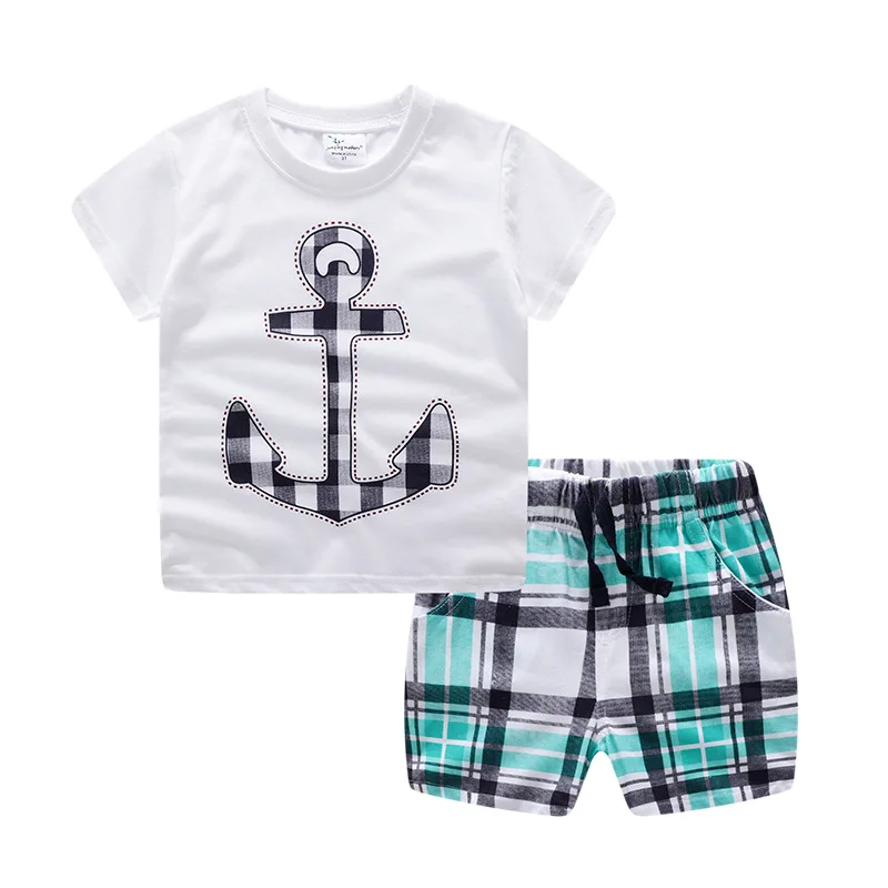 Fashion Kids Boys Clothes Suit Baby Boy Navy Short Sleeve Pullover Tops Sport Plaid Shorts Clothing Set Children Casual |