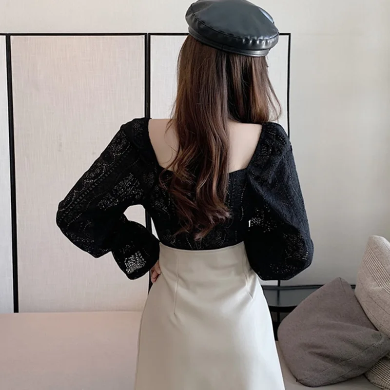 

ETOSELL Sexy Lace Hollow Out Blouse Women Fashion Trumpet Sleeve V-Neck Blouses Female Shirt Tops