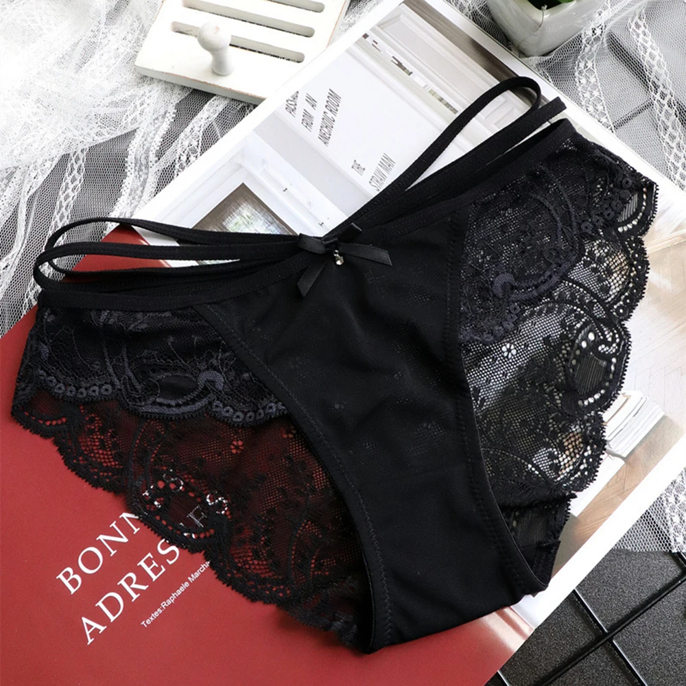 

Bowknot Hollow Sexy Lace Panties Women Transparent Temptation Ladies Underwear Low Waist Breathable Seamless Briefs