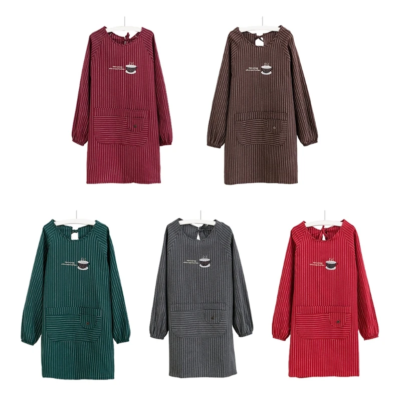 

2021 New Long Sleeve Apron Simple And Fashionable Striped Cotton Linen Household Apron