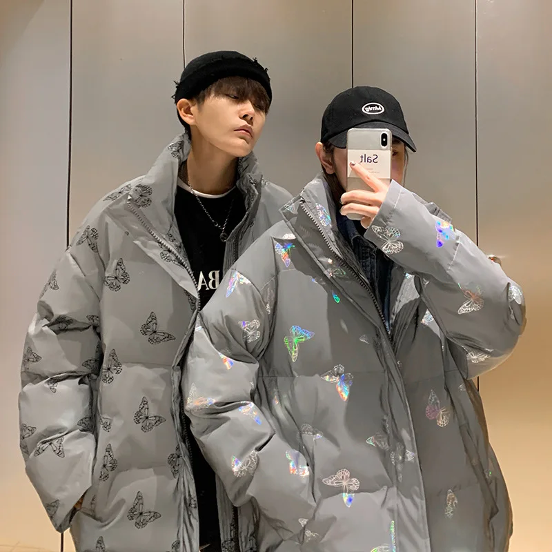 

winter new super fire ins butterfly print thickened cotton suit men's hanban fashion tide lovers cotton coat men clothing 2020