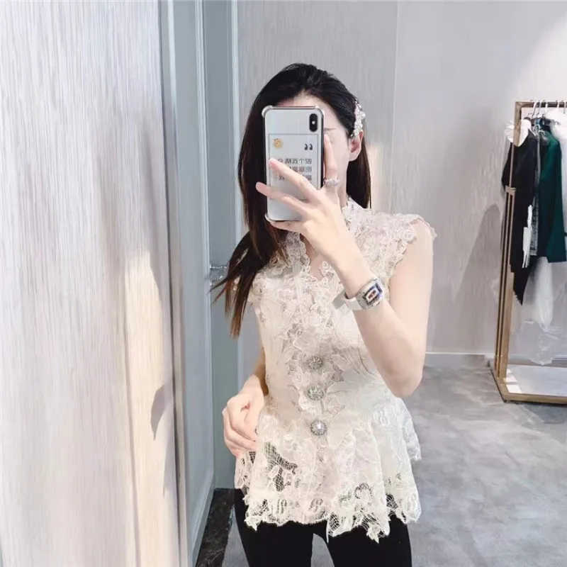 High Quality Diamonds Button Embroidery Lace Womens Top Shirts Fashion V-Neck See Through Slim Fit Ladies Sleeveless Vest Blouse | Женская