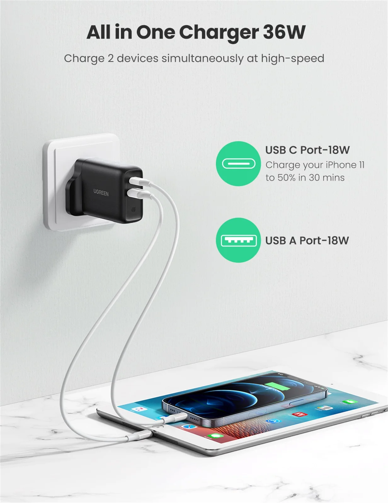 Ugreen 36W UK USB зарядное устройство Быстрая зарядка 3 0 Type C PD для iPhone 12 с QC Мобильный
