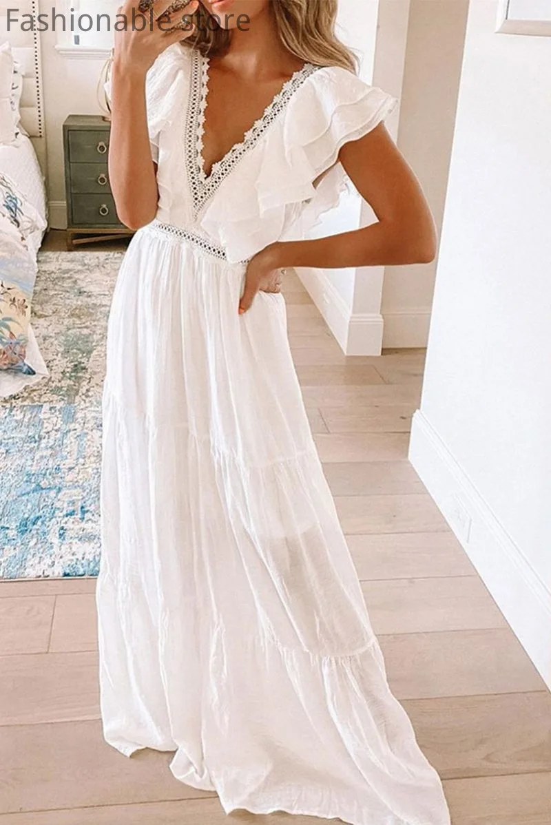 

Summer Women Elegant Deep V-Neck Lace Hollow Short Sleeve Floor-Length Dress