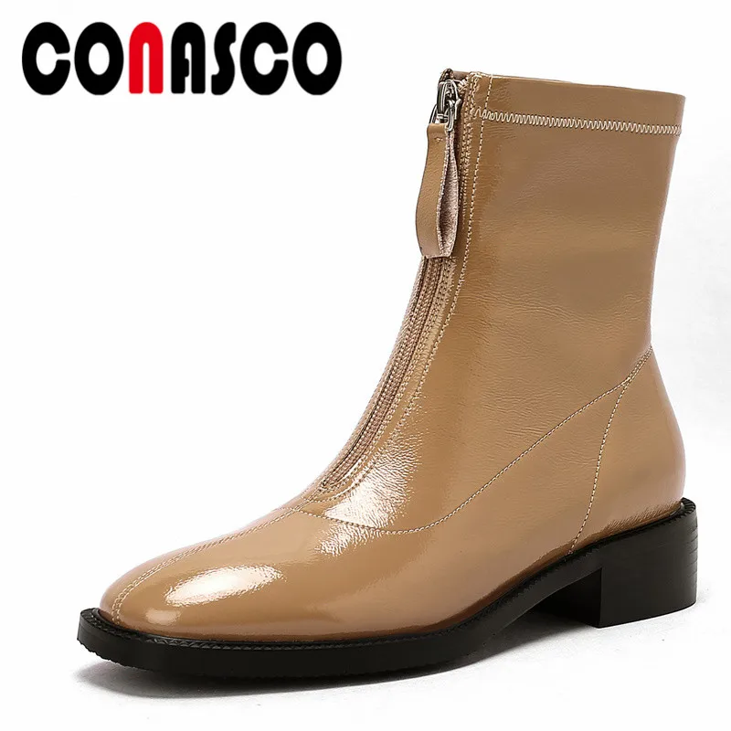 

CONASCO 2021 Women Ankle Boots Autumn Winter Warm Genuine Leather Casual Prom Shoes Concise Front Zipper Design Woman