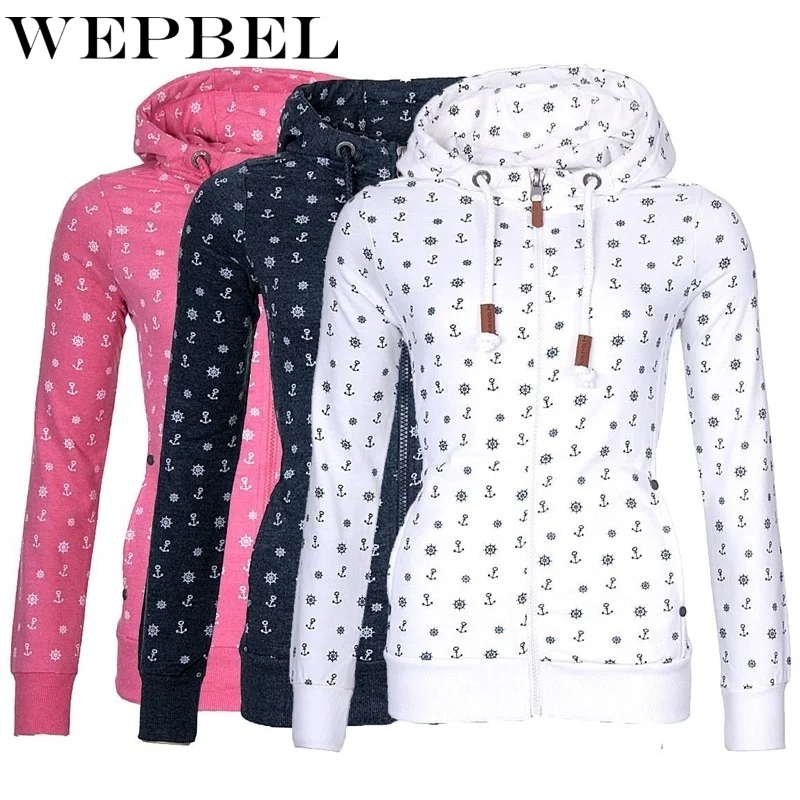 

WEPBEL Anchor Printed Sweatshirts Women Fashion Long Sleeve Warm Winter Pullovers Casual Zipper Hoodies Jackets Coat