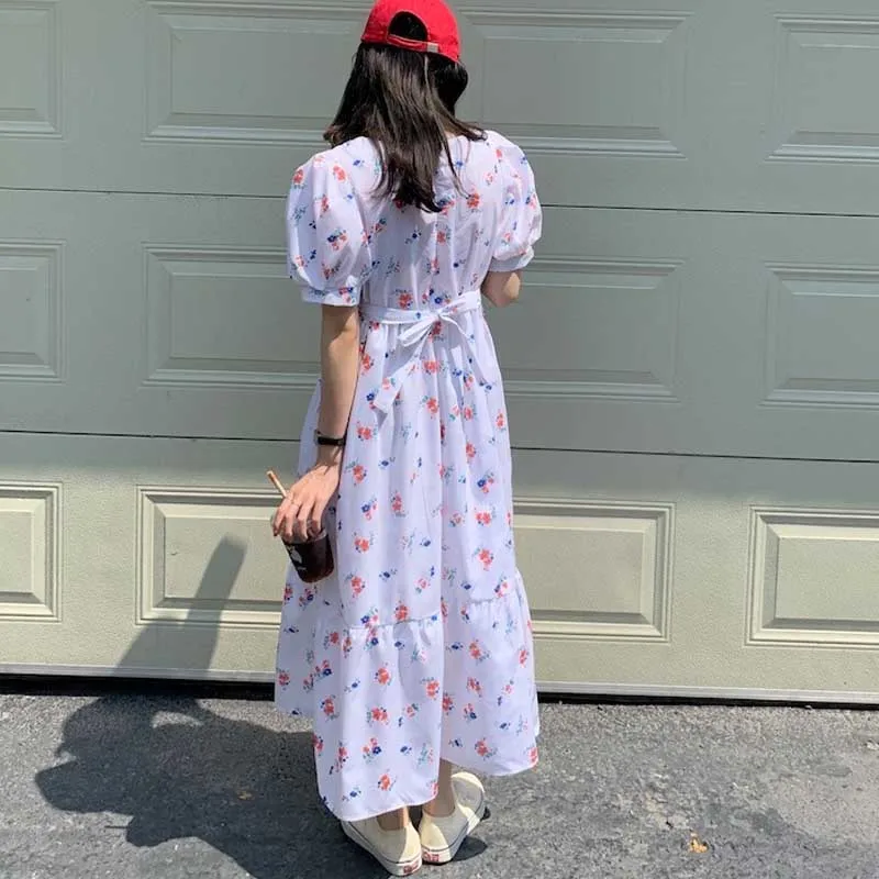 Vestidos coreanos de una pieza para mujer, vestido elegante con estampado Floral y mangas abullonadas, novedad de verano de 2021