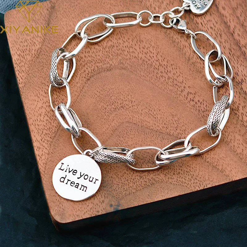 

925 Sterling Silver Korean Love Pendant Bracelet Retro Thai Silver Thick Chain Round Letter Bracelet Female Jewelry