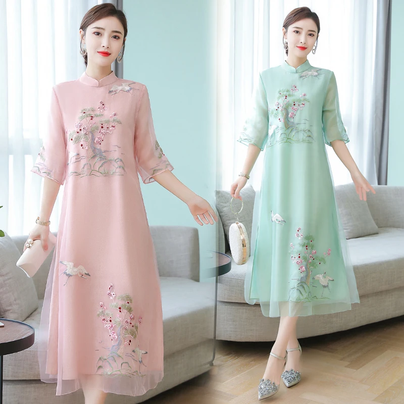

Women Cheongsam Improved Dress Retro Elegant Embroidery Long Dresses Floral Party Dress Chinese Female High Quality Clothing