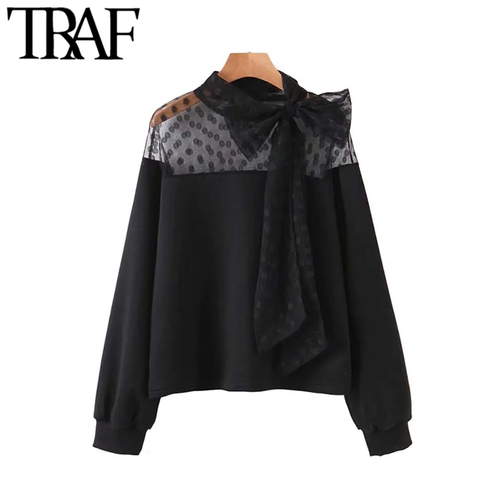 TRAF, женские винтажные стильные Лоскутные кофты из органзы, модный воротник с галстуком-бабочкой, длинный рукав, прозрачные пуловеры, шикарные топы