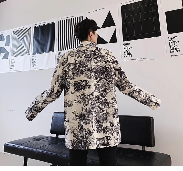 

Men Printing Long Sleeve Casual Shirt Jacket Male Streetwear Fashion Hip Hop Loose Shirts Coat Outerwear