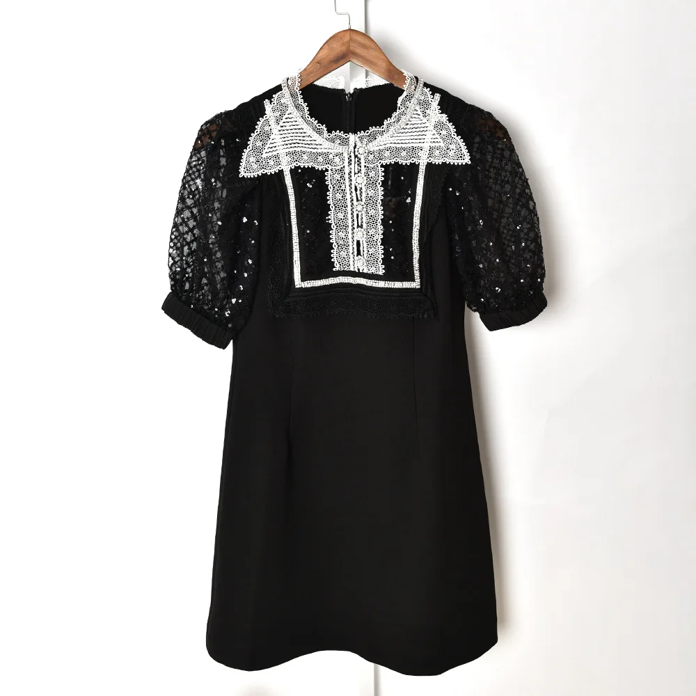 

2021 Summer Dress for Women Puff Sleeve Peter Pan Collar Dress Ladies Vintage Mini Dress Lace Hollow Out Sequins Short Robes
