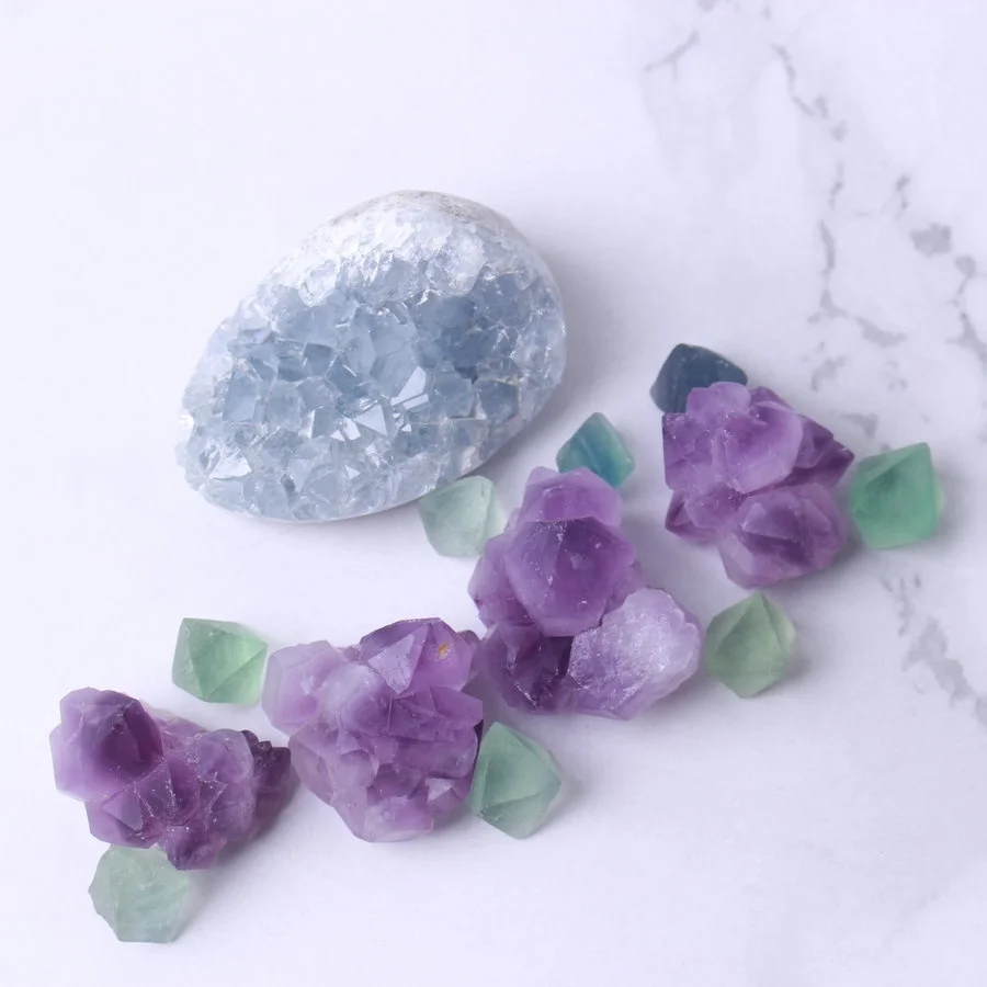 Набор микс натуральный кристалл синий Celestite &amp ametryst кластер Green fluorite Geode cluster