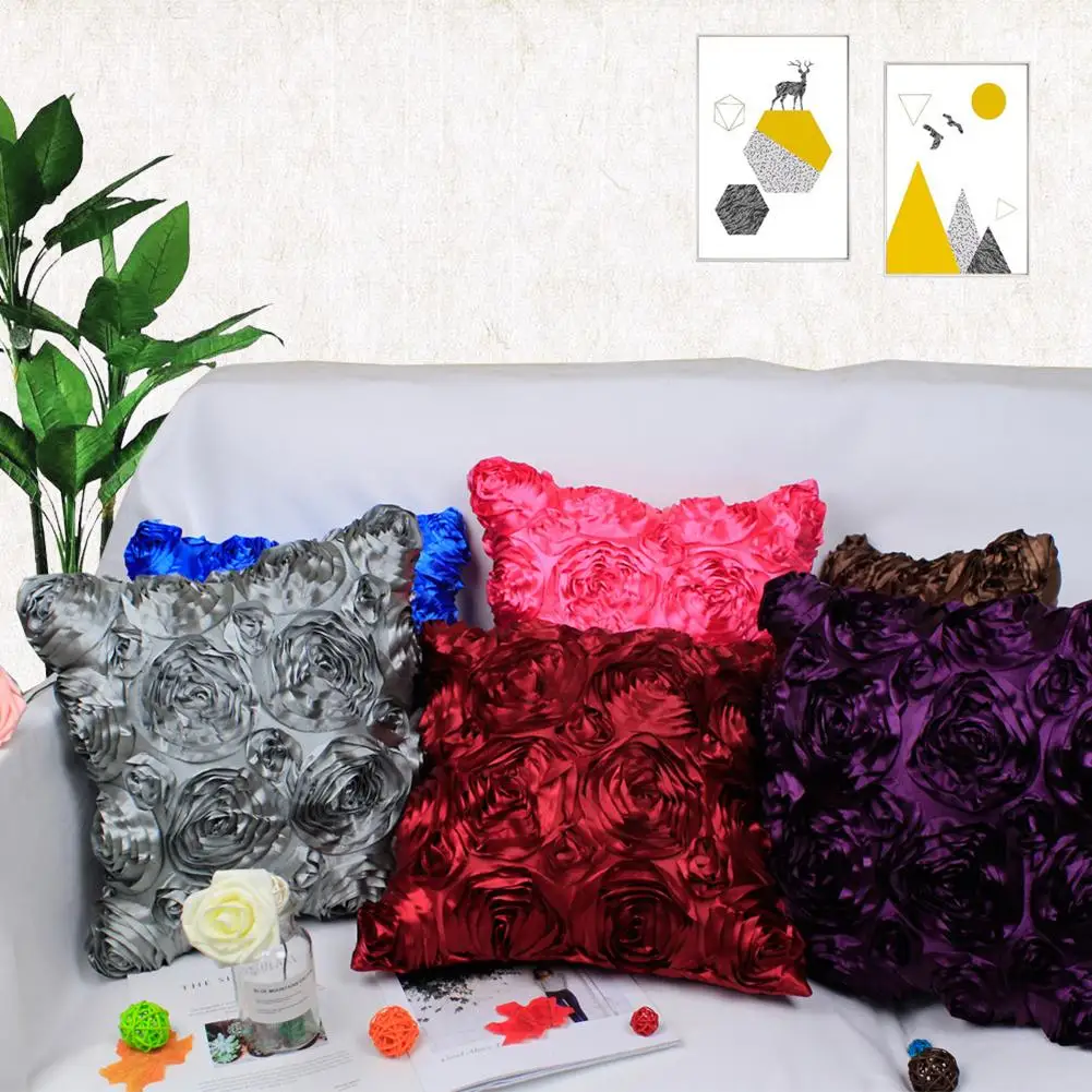 

42x42cm Satin Rose Flower Cushion Cover Throw Pillow Case Home Sofa Bed Decor