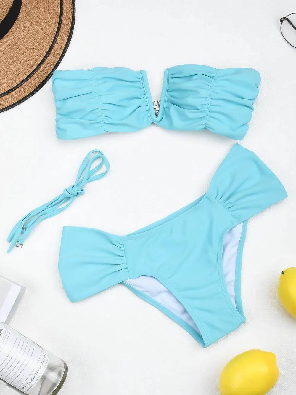 

Off Shoulder Bikinis Bandeau Swimsuits Women V-Neck Swimwear Ruched Bathing Suits Sexy Brazilian Bikinis Set Summer Blue Biquini
