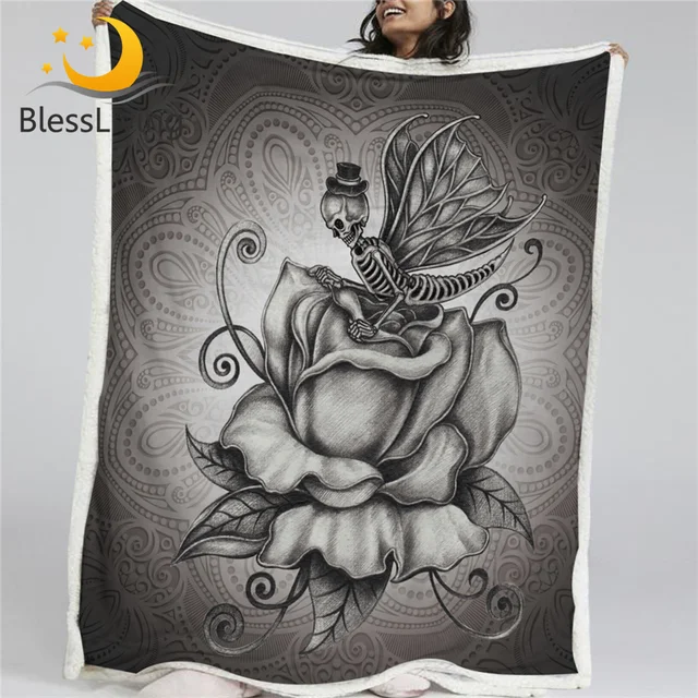 BlessLiving Butterfly Skull Blanket Pale Grey Sherpa Fleece Throw Blanket Reversible Retro Roses Romantic Bedding for Adult 1