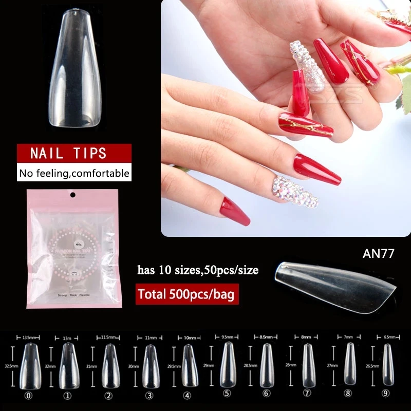 

1Bag/Lot Newest Design 500pcs Transparent Long Style Flat False Nail Tip Trapezoid Full Cover Tips Coffin Nail Art Tips