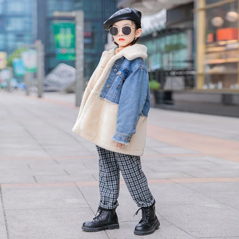 

Cultiseed Girls Autumn Winter Thicken Warm Denim Jeans Jacket Children Kids Turn Down Collar Fake 2pc Fur Long Sleeve Outerwear