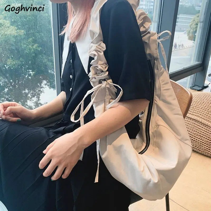 

Women Shoulder Bags Cross-body Hobos Students Harajuku Ins Vintage Lace-up Pleated Couples Nylon Satchel Retro Zipper Bag Female