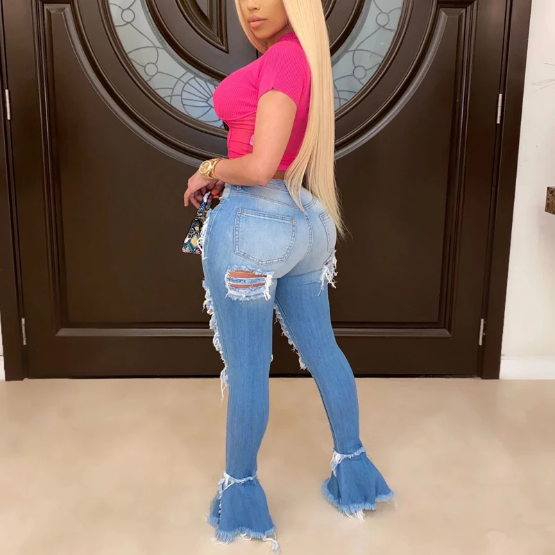 3 Colors Women Ripped Denim Bell Bottom Bodycon Jeans Slim Fit Solid Blue Distressed Pants ( No Stretch ) | Женская одежда