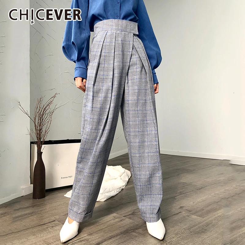 CHICEVER корейские повседневные клетчатые женские штаны с высокой талией свободные