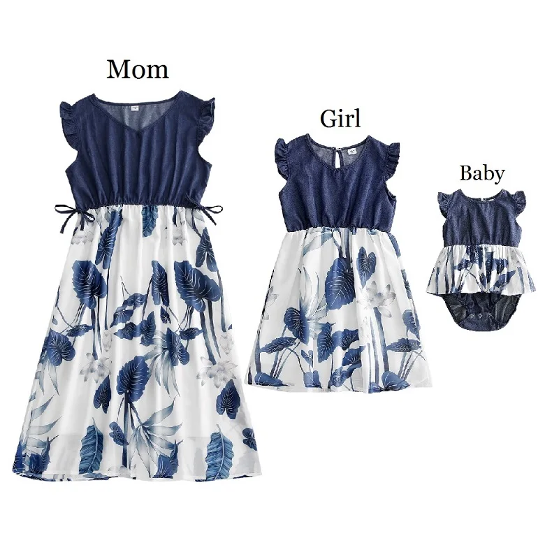 

Ruffled Sleeve Mother Daughter Matching Dresses Family Set Leaf Print Mom Mum Baby Mommy and Me Clothes Women Girls Cotton Dress