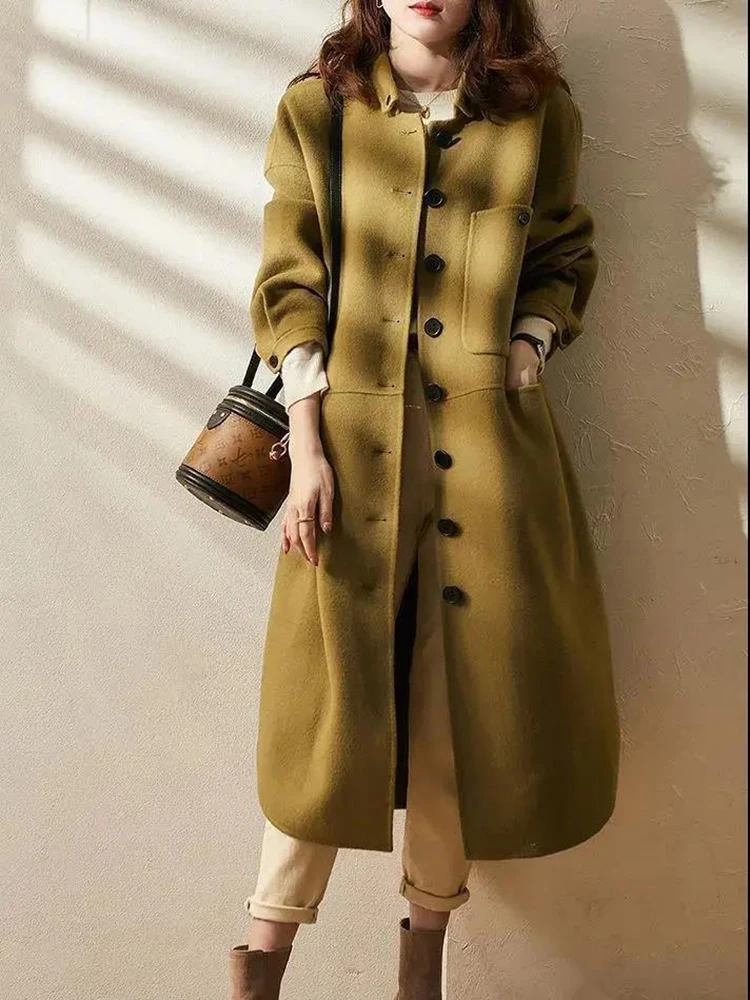 

KBAT 2022 New Women Cashmere Coat Winter Elegant Long Windbreaker Coat Loose Trench Ladies Loose Single Breasted Woolen Coat