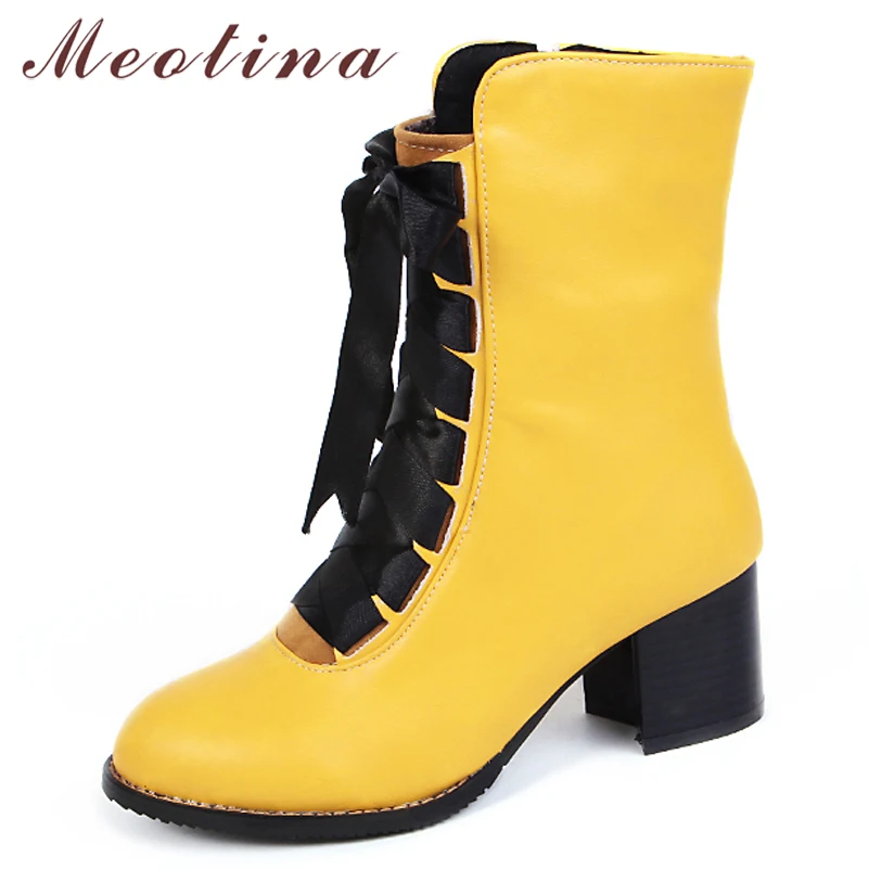 

Meotina Women Boots Winter 2018 Block Heel Ladies Motorcycle Boots Lace up Mid Calf Boots Red Ladies Shoes Big Size 45 46 Yellow
