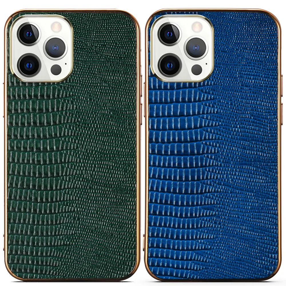 

Genuine Real Nature Cowhide Leather Back Case For iPhone 13 Pro Max 12 Crocodile Alligator Lizard Grain Electroplated Edge Cover